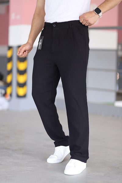 Bürke Double Pleated Black Color Elastic Waist Quality Comfortable Cut Muslin Baggy Trousers