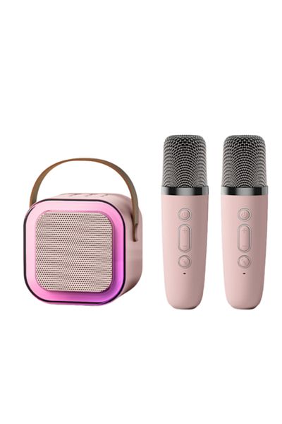 OEM Portable Karaoke Speaker Set with 2 Wireless Microphones, 3D Stereo Sound, RGB Lights, Pink