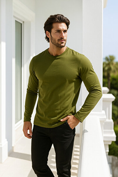 Rich Ανδρικό μακρυμάνικο μπλουζάκι χακί με λαιμόκοψη - 100% βαμβακερό Basic Relaxed T-shirt