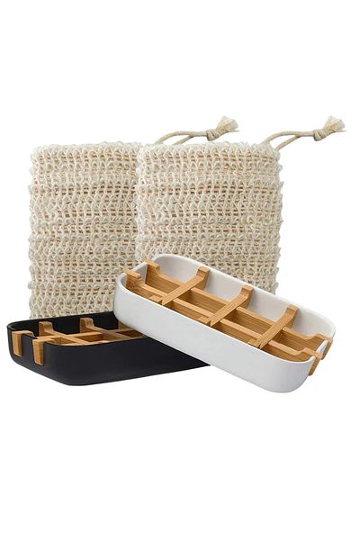 Lyeiaa Set of 4 pieces, 2 soap dishes and 2 soap bags Lyeiaa, 13.2 x 8.5 x 2.5 cm, plastic, wood