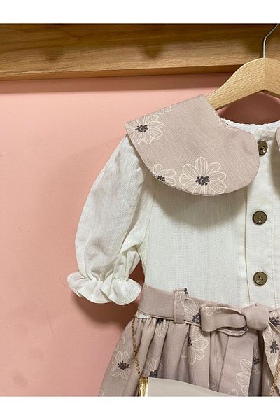 Cherrys Bebek Floral Patterned Baby Collar Girl's Dress with Bag
