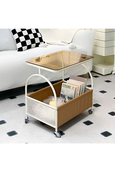 Herum Mobile coffee table, glass top, metal frame, storage space, Herum, Cream, 55 x 36 x 57 cm