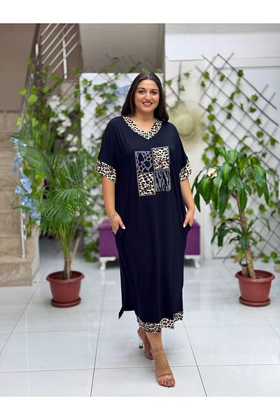 Punta Otantik Ms3127 Leopard Patterned Oversize Viscose Dress Black