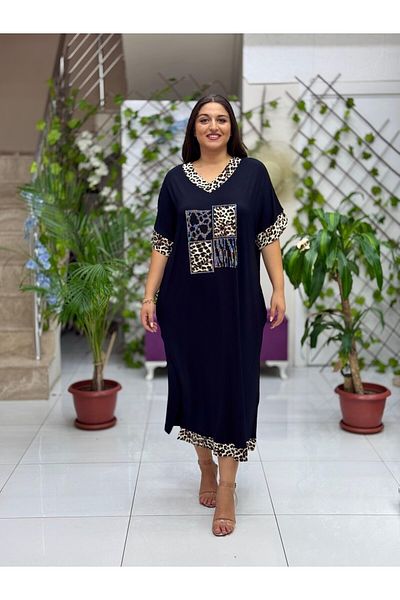 Punta Otantik Ms3127 Leopard Patterned Oversize Viscose Dress Black