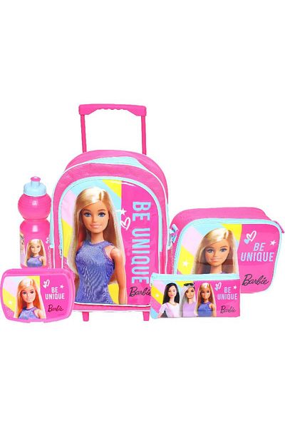mattel مجموعة حقيبة باربي 5 في 1 بعجلات مع ملحقات - مجموعة حقيبة مدرسية أنيقة مقاس 17 بوصة للبنات