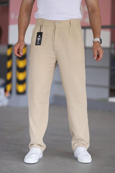 Bürke Double Pleated Beige Color Elastic Waist Quality Comfortable Cut Muslin Baggy Trousers