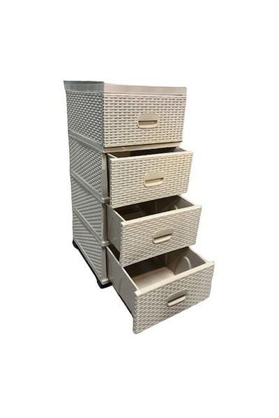 OEM Plastic Storage Cabinet with 4 Drawers, Rattan Style, 38 x 45 x 90 cm, Beige + Set of 6 Universal Mo