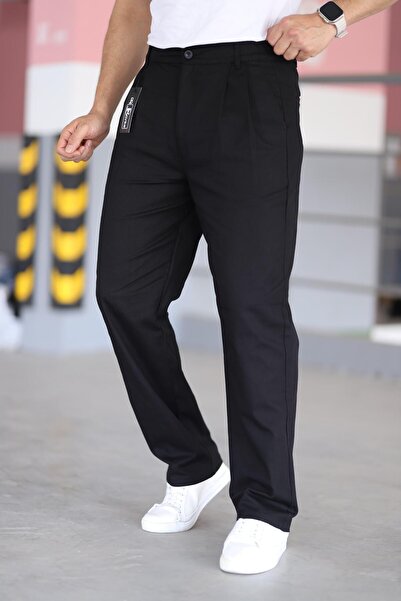 Bürke Double Pleated Black Color Half Elastic Waist Quality Relaxed Cut Linen Baggy Trousers