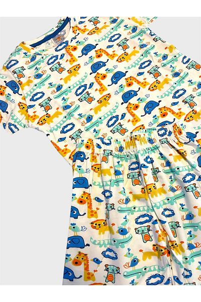 elmas kids Set de pijamale de vară pentru băieți, 100% bumbac, alb, cu model safari, cu mâneci scurte