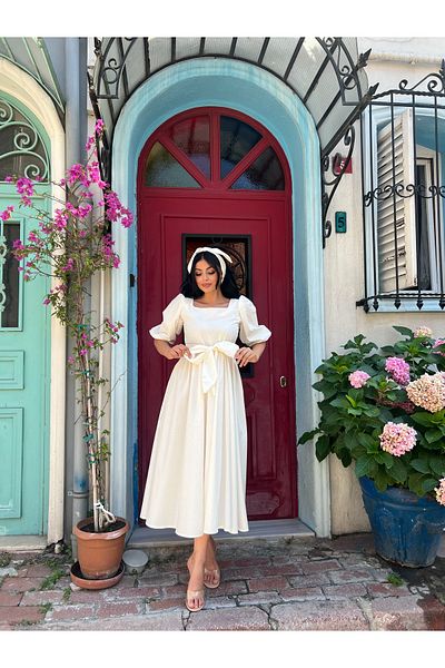 KÜÇÜĞÜM BUTİK White Big Bow Square Neck Poplin Flared Dress