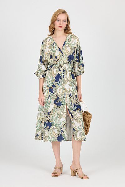 Rays Khaki Double Breasted Collar Ethnic Patterned Front Slit Dress 6651
