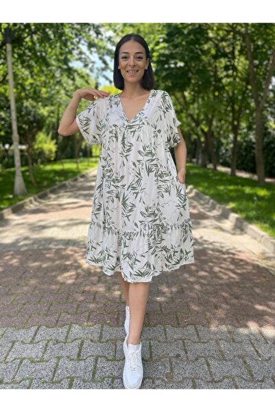 NUR TEKSTİL kadın beyaz desenli pamuklu viskon v yaka salaş elbise