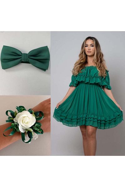 MONNET MODA Emerald Green Chiffon Dress with Bow Tie and Bracelet - Universal Size