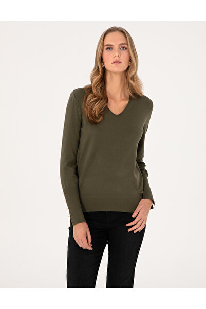 Pierre Cardin Χακί Πουλόβερ Στενής Γραμμής με Λαιμόκοψη V Βασικού Τύπου 50310...