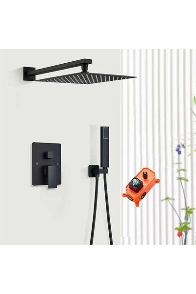CasaVie Set de dus negru cu para patrata 30 cm latura, cu 2 functii de curgere a apei, cod 1171