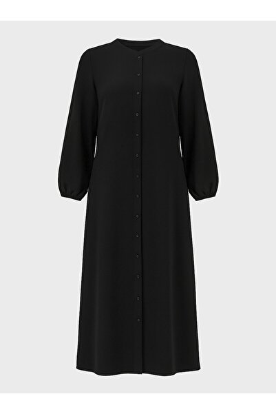 ALİA Plus Size Buttoned Dress with Elastic Waist - Black - Alia