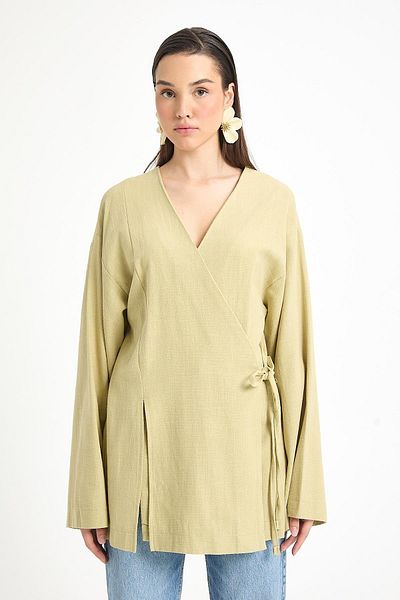 minaaise Oil Green Slit Detailed Tie-Up Long 100% Cotton Kimono 29211