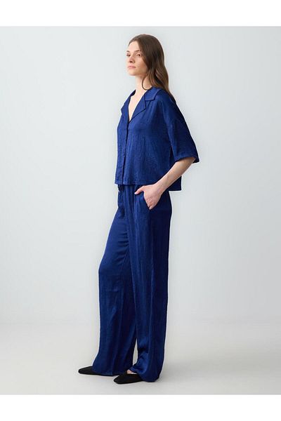 Jimmy Key Navy Blue Relaxed Fit High Waist Wide Leg Knitted Satin Trousers