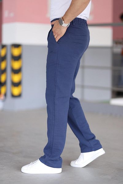 Bürke Double Pleated Navy Blue Color Elastic Waist Quality Relaxed Cut Muslin Baggy Trousers