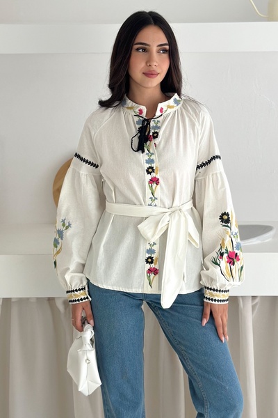 FEMELLE Bluză de damă din bumbac brodat cu broderie albă cu ciucuri