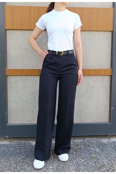 siyalife Women's Button Pleated High Waist Crepe Fabric Comfortable Fit Palazzo Pants