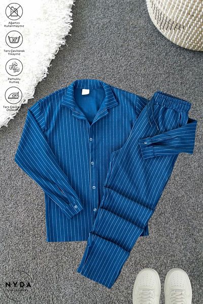 Nyda Collections Men's Crepe Fabric Striped Lycra Oversize Long Sleeve Shirt with Pockets Elastic Waist Lace-Up Trousers Set