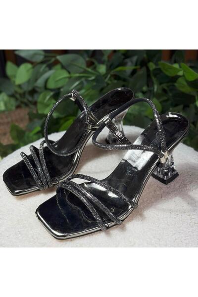 MEY Shiny Silver Tape Block Heel Shoes M1115