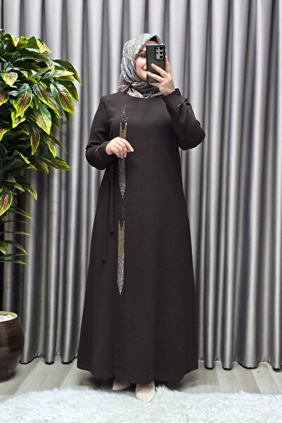 Elmas Tesettür Îmbrăcăminte pentru femei cu hijab, mărime mare, dungi cu pietre aplicate Abaya