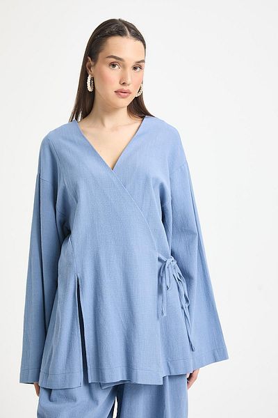 minaaise Kimono lung din bumbac 100% cu detaliu de ruptură indigo 29211