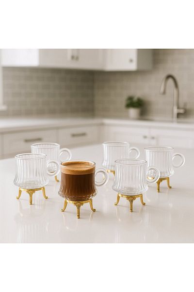 FAIR HOME Gold Metal Leg Line Pattern Glass Turkish Coffee-Espresso Cup Set – 6 Pieces