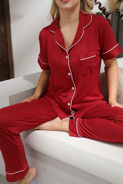 Miss Meryem Burgundy Ring Viscose Short Sleeve Front Buttoned Pajama Set