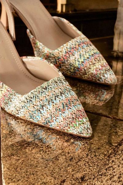 AYENDE MODA Women's Stiletto Thin Toe Multicolor Straw Slingback Heels