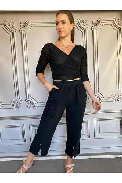 AGORATEKSTİL Women's Linen Fabric Cuff Button Trousers