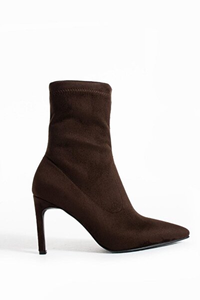golden heel kahve süet streç 8.5 cm orta boy kadın topuklu bot