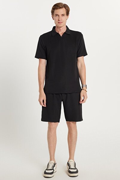 Tudors Men's Standard Fit Regular Fit Cotton Polo Collar Lace-Up Waist Black Shorts Set