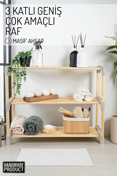Nandy Home 3 Katlı Geniş Raflı Masif Ahşap Çok Amaçlı Raf – Mutfak, Banyo, Of...