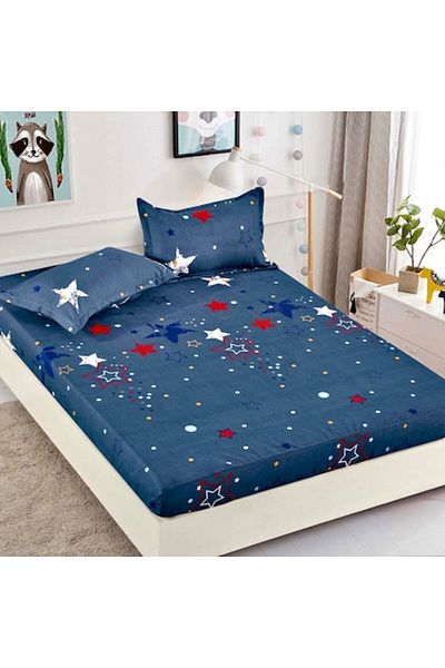 JOJO HOME Set husa de pat single cu elastic si 2 fete de perna, finet, H1-3, bleumarin, 90 x 200