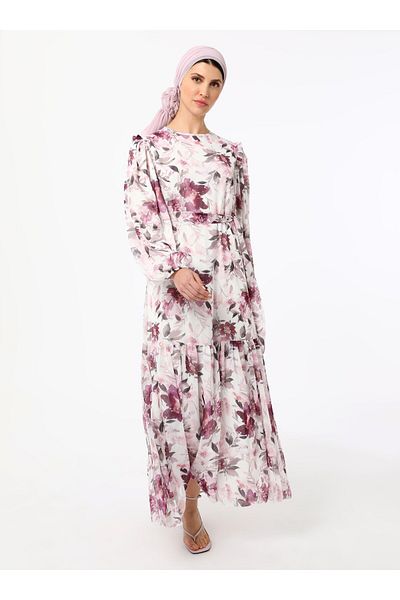 Refka Floral Chiffon Hijab Dress with Ruffle Detail - Dried Rose -
