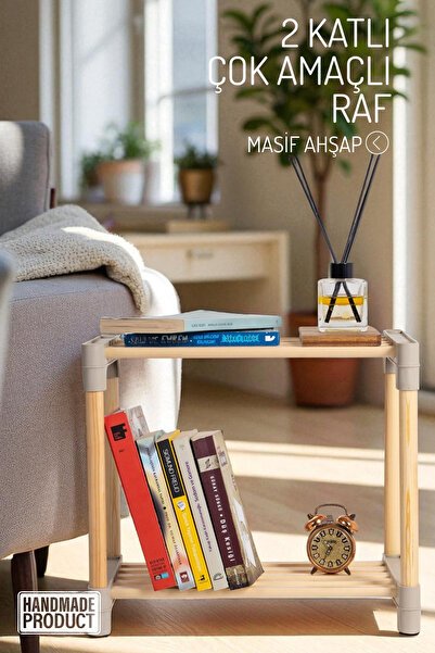 Nandy Home 2 Katlı Yan Sehpa, Çok Amaçlı Masif Ahşap - Mutfak, Banyo, Ofis Dü...