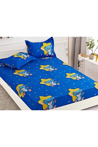 Dormy Set Cearsaf de pat cu elastic si 2 fete de perna, Dormy, Blue Bear, 90x200cm, Finet