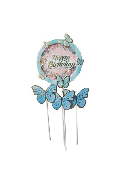 parti sürprizi Blue Gold Butterfly Happy Birthday Cake Toothpick Set