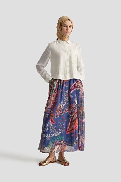 Armine Trend Floral Patterned Shirt Collar Skirt Double Set-Indigo 25Yt6133