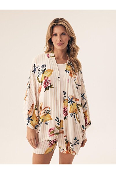 ESOTIQ Halat de baie pentru femei din viscoză, cu dungi și grafică marinăreas...