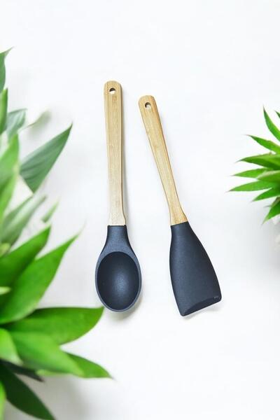 ALBETTO Silicone 2 Piece Spoon Spatula Set Large Size 28cm Black
