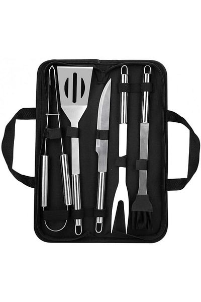 OEM Set de ustensile pentru gratar, 6 piese, otel inoxidabil, geanta de depozitare