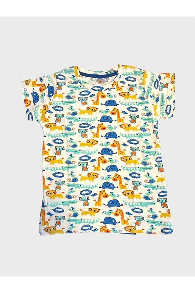 elmas kids Set de pijamale de vară pentru băieți, 100% bumbac, alb, cu model safari, cu mâneci scurte