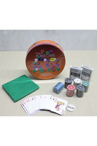 HEPBİMODA Poker Game with Metal Box 120 Chips and 2 Pieces of Playing Cards Set