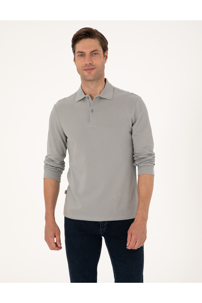 Pierre Cardin Сірий Slim Fit Незгинаючий Поло-комір Basic Pike Світшот 50314048-VR024