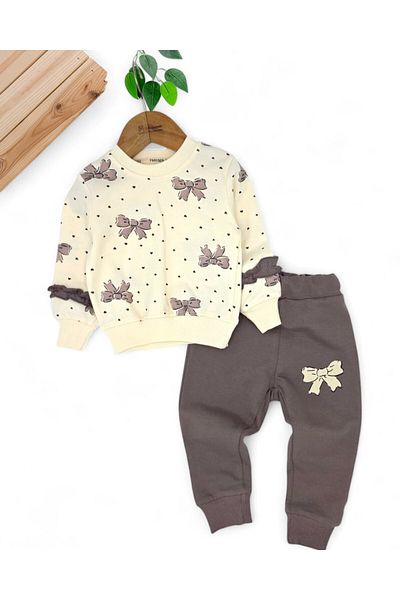Ege Bebek Baby Girl Bow Printed Seasonal 2-Piece Set – Bow Ruffled Long Sleeve Top and Bottom 6-24 Months