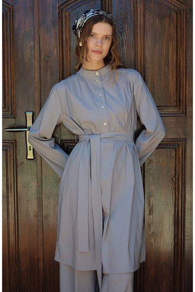 Fatma Atasoy Gray Cotton Tunic with Shoulder Gathered Tie